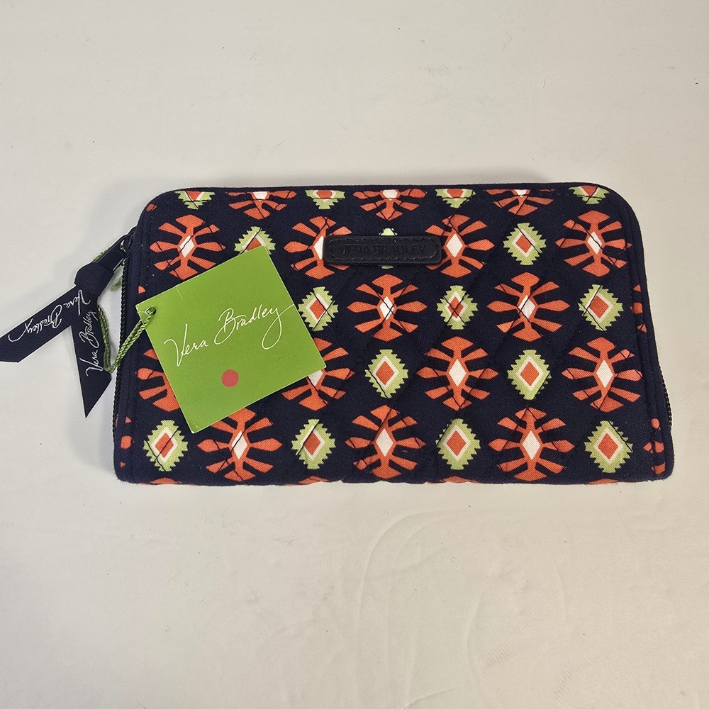 Vera Bradley Turn on the Brights Quilted Zip Around Accordion Wallet Navy Orange